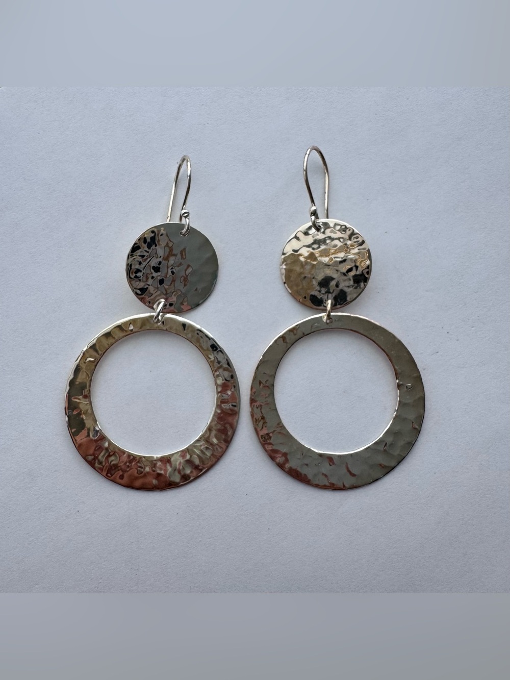 Vintage 925 Silver Large Hammered Circle Dangle Drop Earrings